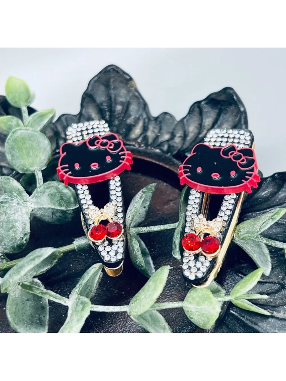 Hello Kitty-Inspired Black & Red Rhinestone Hair Clips FINAL PRICE DROP